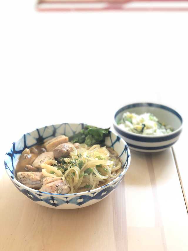 Sukiyaki chicken udon with choysum fried rice